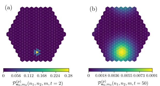 Diffusive propagation over a six-sided hexagon with zig-zag periodic boundary condition for the honeycomb lattice.